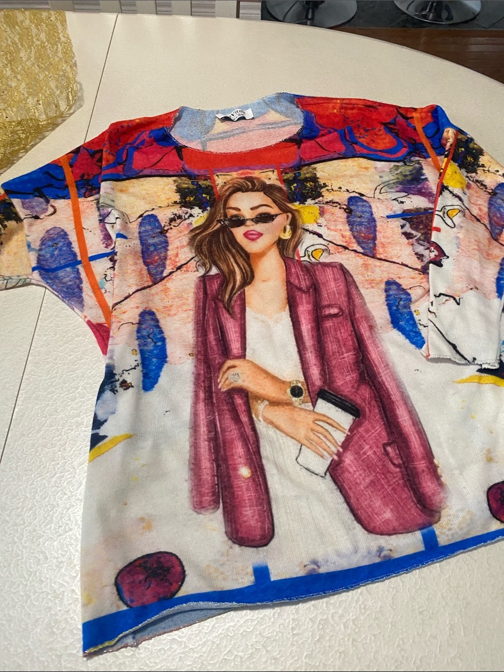 Via Vitale made in Italy Graphic Pop Art Woman Sweater in Bright Multicolor XL - Picture 9 of 11